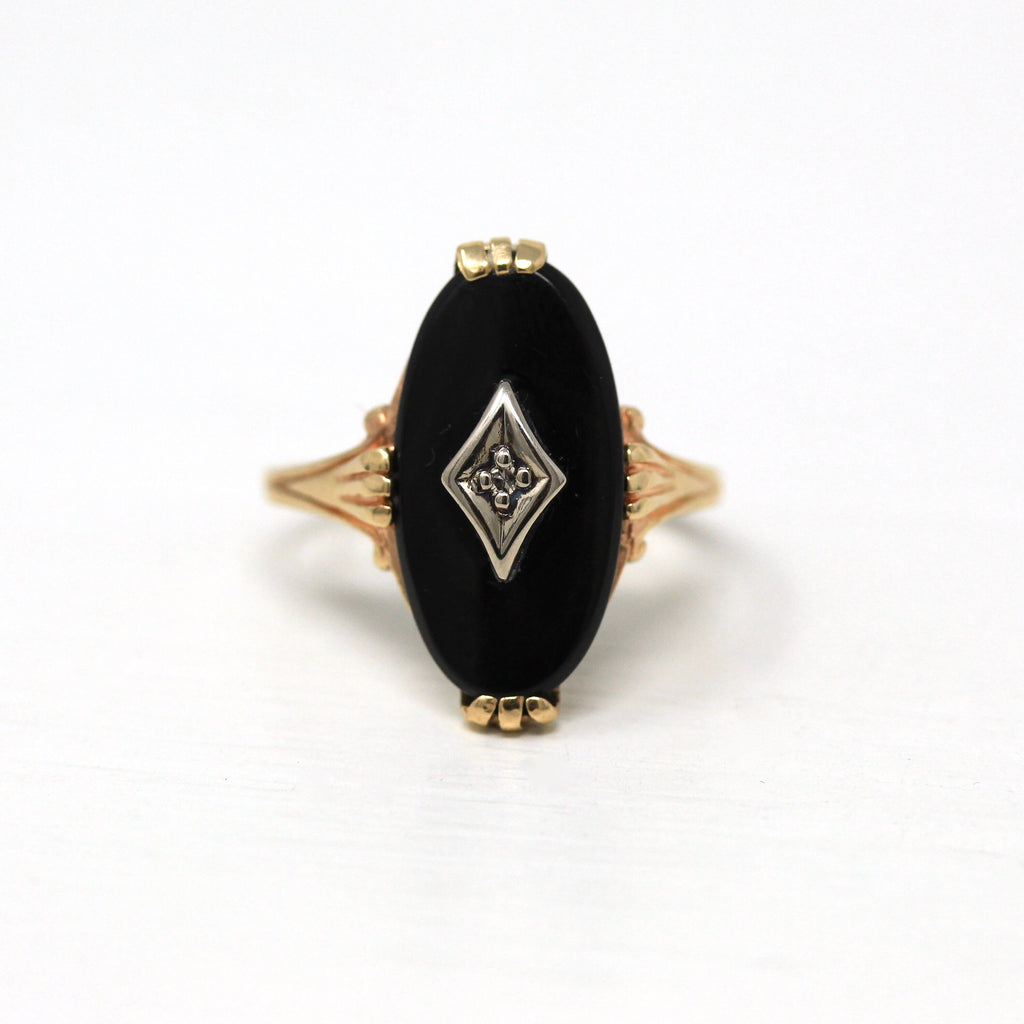 Onyx & Diamond Ring - Retro 10k Yellow Gold Oval Black Genuine Gemstone - Vintage Circa 1960s Era Size 5.75 Statement Gem 60s Fine Jewelry