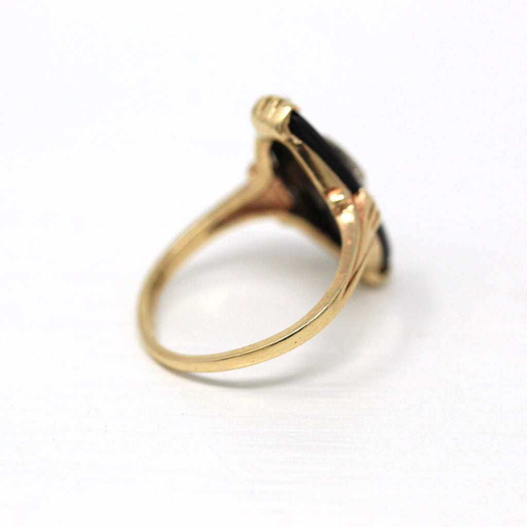 Onyx & Diamond Ring - Retro 10k Yellow Gold Oval Black Genuine Gemstone - Vintage Circa 1960s Era Size 5.75 Statement Gem 60s Fine Jewelry
