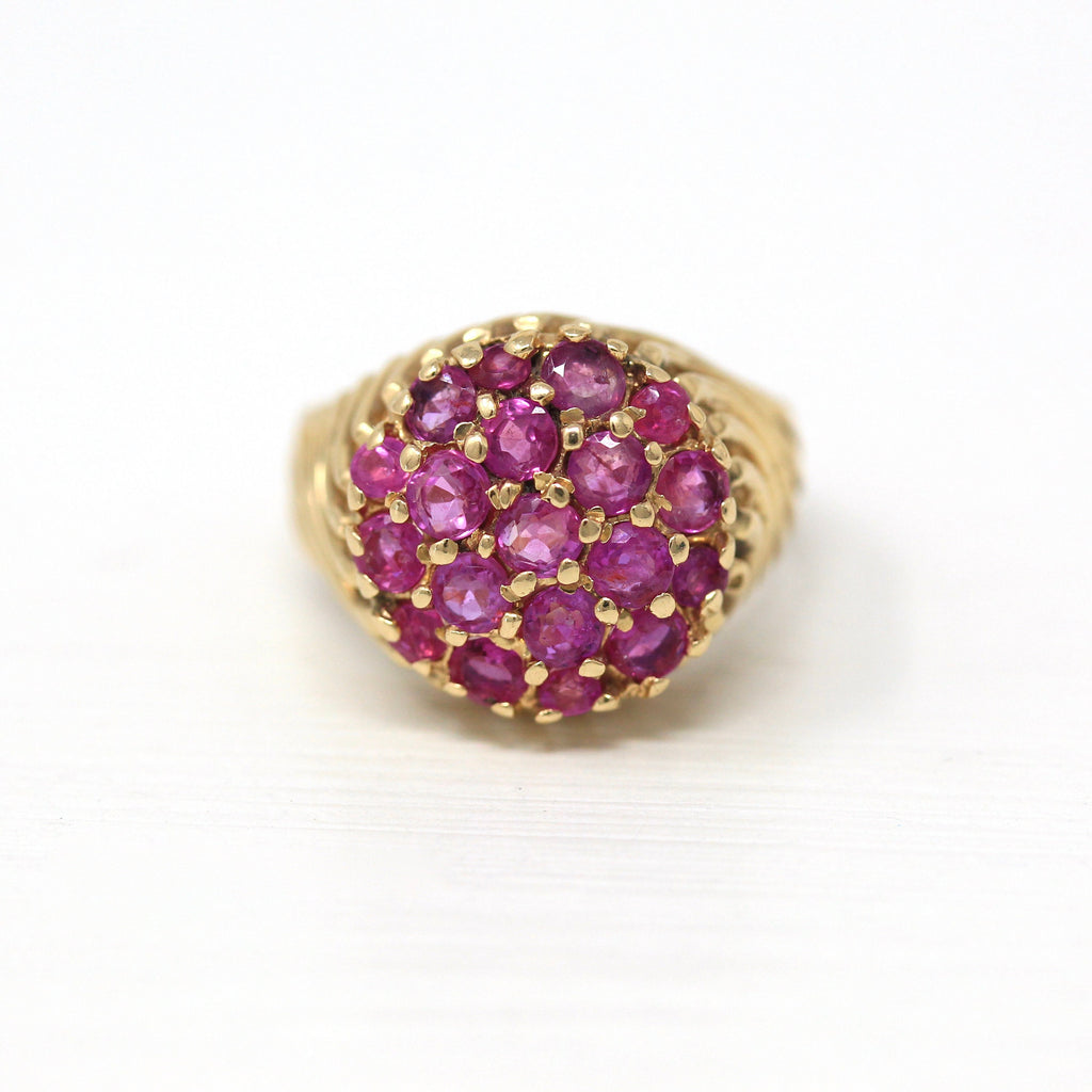 Genuine Ruby Ring - Estate 14k Yellow Gold Cluster Bombe Style 1.80 CTW Gems - Vintage Circa 1980s Era Size 6 1/4 July Birthstone Jewelry