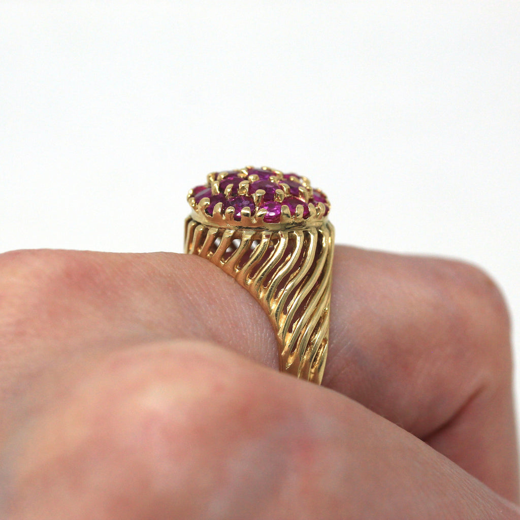 Genuine Ruby Ring - Estate 14k Yellow Gold Cluster Bombe Style 1.80 CTW Gems - Vintage Circa 1980s Era Size 6 1/4 July Birthstone Jewelry