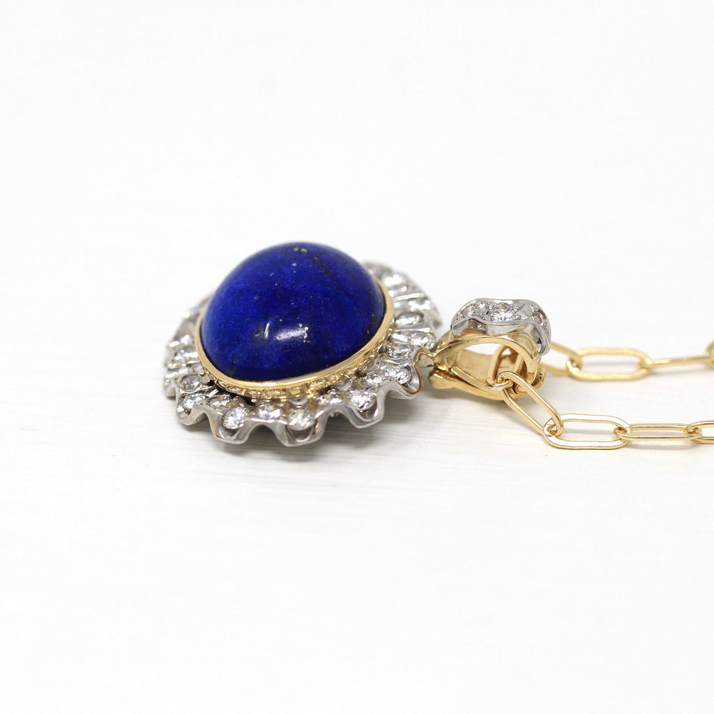 Lapis Lazuli Necklace - Estate 14k Yellow Gold Blue Cabochon Cut 16.12 CT Gem - Vintage Circa 1990s Era Diamond 1.16 CTW Halo Fine Jewelry
