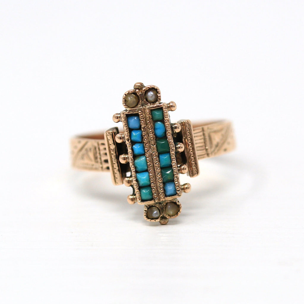 Antique Turquoise Ring - 10k Rose Gold Victorian Late 1800s Size 6 1/4 - Blue Gemstone Cabochon Fine Seed Pearl Vintage Fine Jewelry