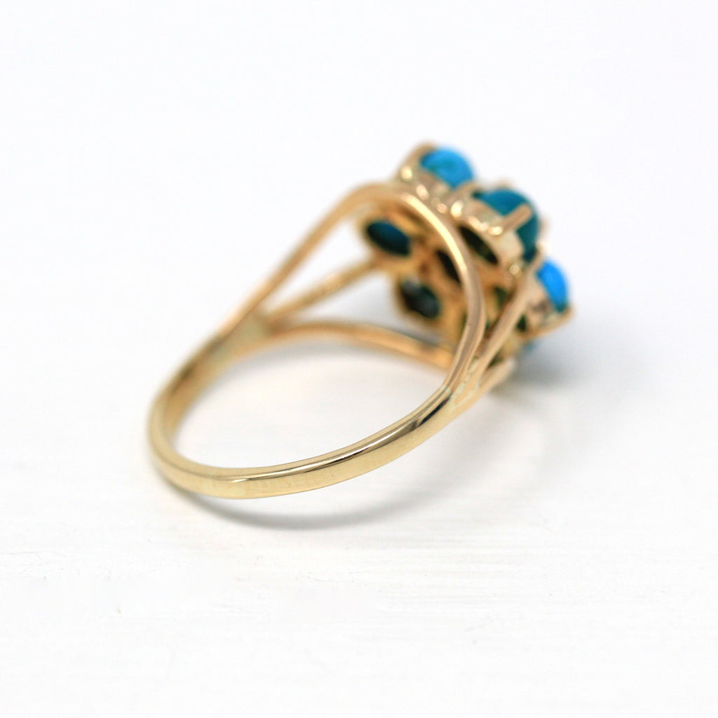 Genuine Turquoise Ring - Modern 14k Yellow Gold Cabochon Cut Blue Gem Cluster - Estate Circa 2000s Era Size 6 1/2 Statement Fine Jewelry