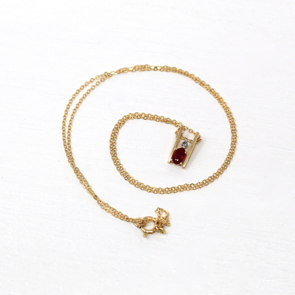 Created Ruby Charm - Modern 14k Yellow Gold .01 CT Diamond Gem Pendant Necklace - Estate Circa 2000's Era Dainty Slide Style Fine Jewelry