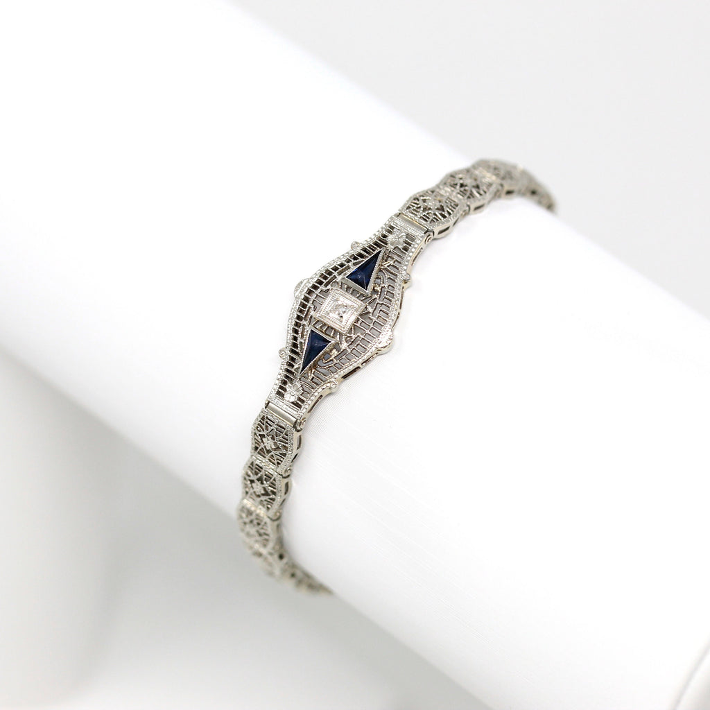 Art Deco Bracelet - Vintage 10k White Gold Flower Filigree Simulated Blue Sapphire Statement - Circa 1930s Era Wedding Floral Fine Jewelry