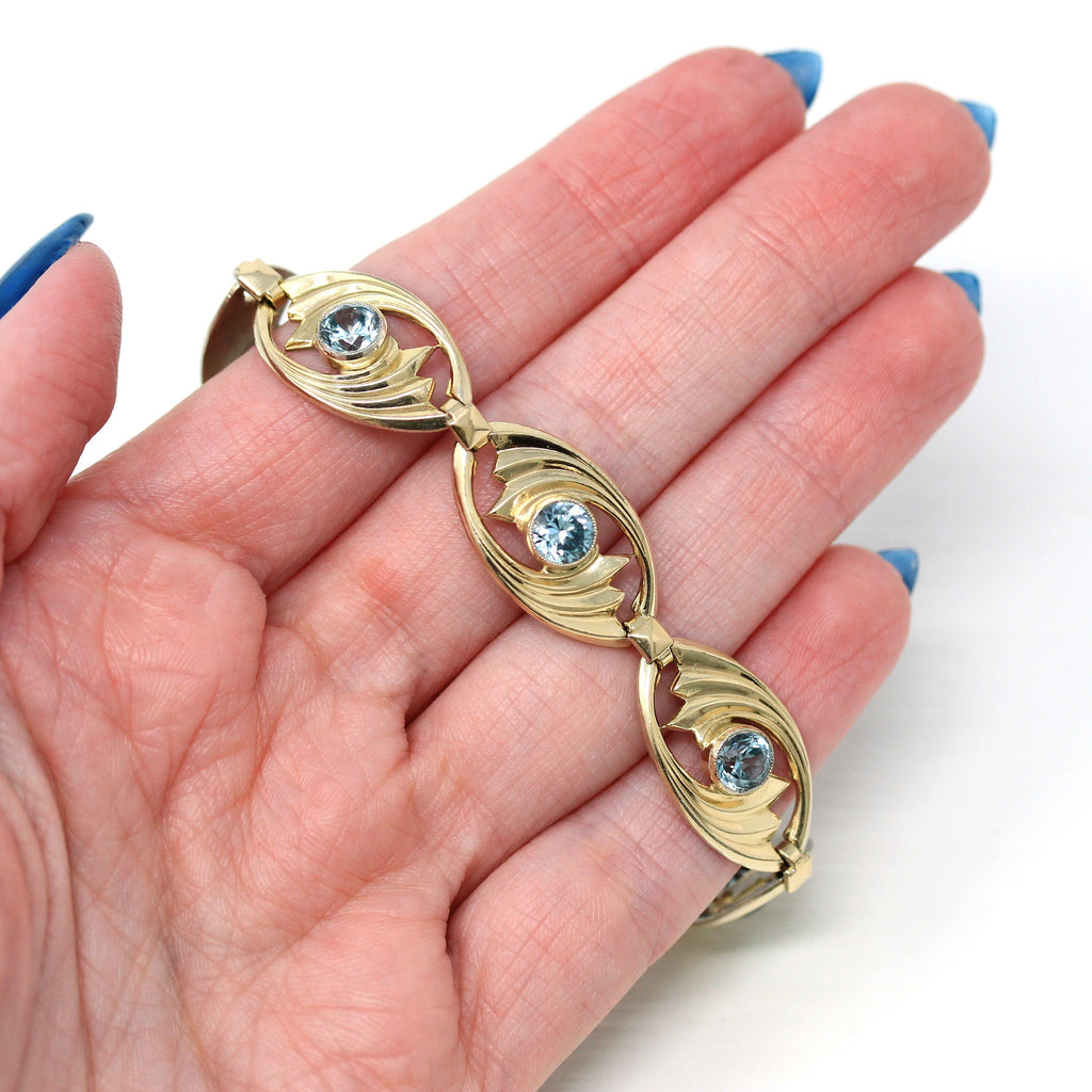 Genuine Zircon Bracelet - Retro 14k Gold Filled Sterling Silver Blue 4.75 CTW Gemstones - Vintage Circa 1940s Era Symmetallic Panel Jewelry