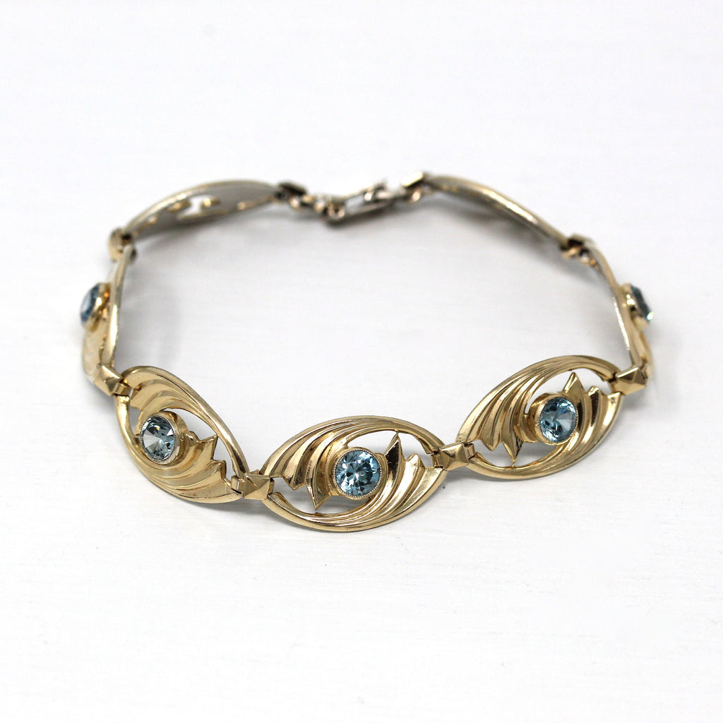 Genuine Zircon Bracelet - Retro 14k Gold Filled Sterling Silver Blue 4.75 CTW Gemstones - Vintage Circa 1940s Era Symmetallic Panel Jewelry
