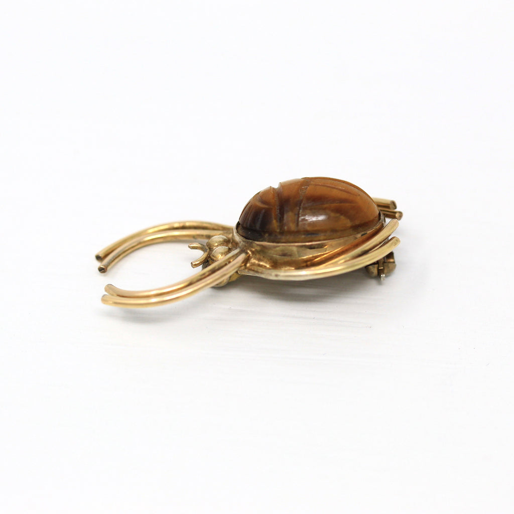 Vintage Spider Brooch - Retro 12k Yellow Gold Filled Genuine Tiger's Eye Scarab Pin - Circa 1960s Era Figural Brown Gemstone WRE 60s Jewelry