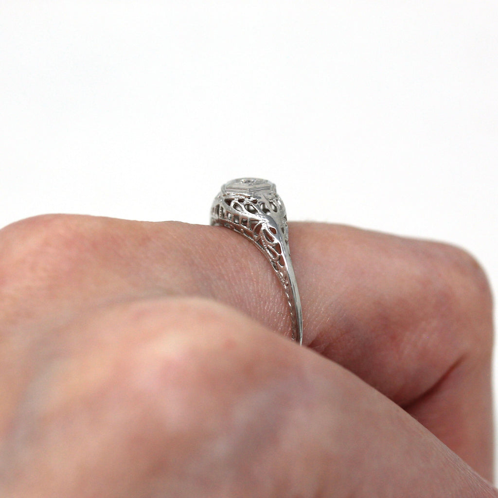 Vintage Diamond Ring - Art Deco Era 18k White Gold .02 CT Filigree Engagement - Antique Circa 1920s Size 8 Promise Commitment Fine Jewelry