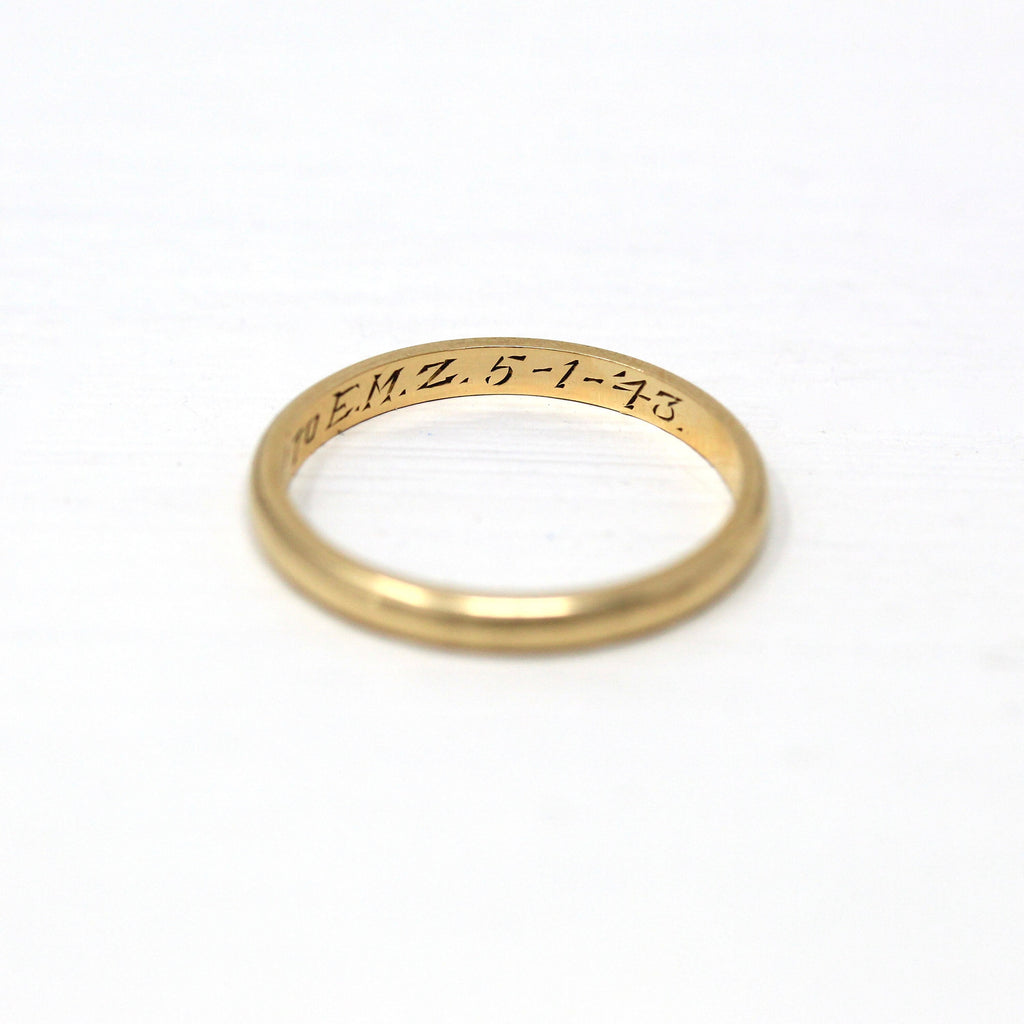 Dated 1943 Band - Vintage Retro 14k Yellow Gold Engraved Polished Ring - Circa 1940s Era Size 6.25 Wedding Unisex Fine 2 mm 40s Jewelry
