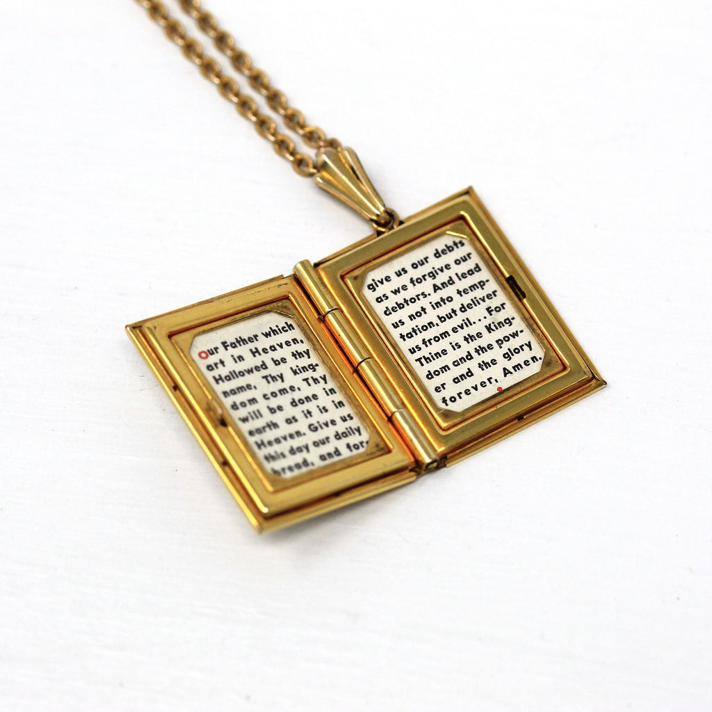 Vintage Bible Locket - Retro 12k Gold Filled Mother Of Pearl Cross Necklace Pendant Book - Circa 1960s Religious The Lord's Prayer Jewelry