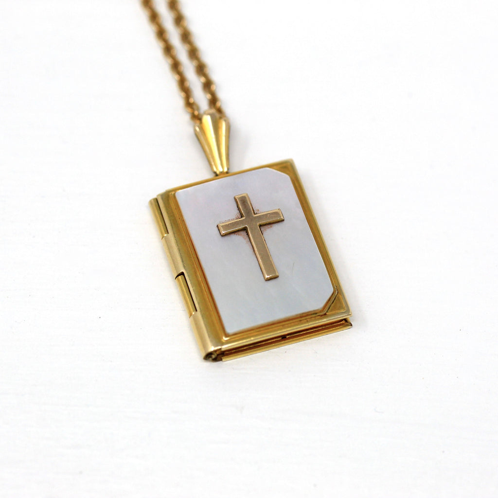 Vintage Bible Locket - Retro 12k Gold Filled Mother Of Pearl Cross Necklace Pendant Book - Circa 1960s Religious The Lord's Prayer Jewelry