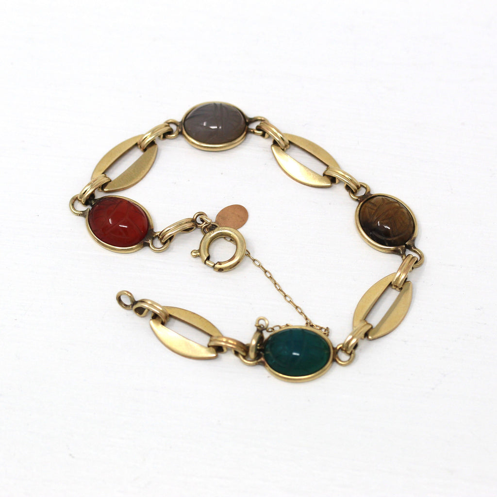 Vintage Scarab Bracelet - Retro 12k Gold Filled Carved Genuine Gemstones - Circa 1960s Era Egyptian Revival Style Fashion Accessory Jewelry