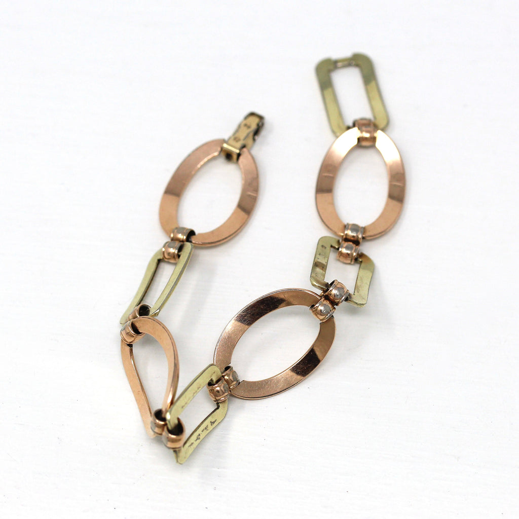 Vintage Statement Bracelet - Retro Yellow & Rose Gold Filled Two Tone Chain Gate Links - Circa 1940s Era Fashion Accessory Krementz Jewelry