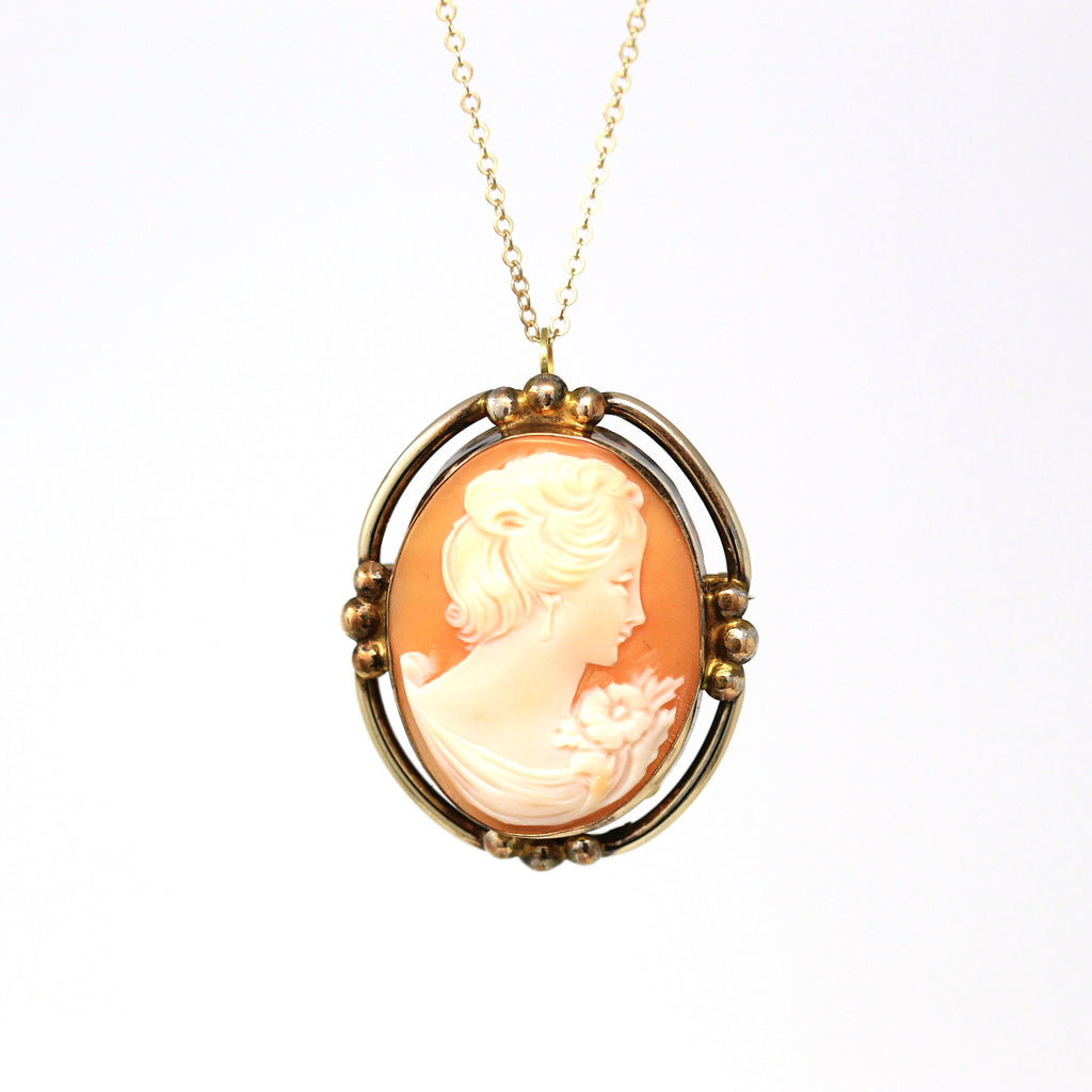 Vintage Cameo Pendant - Retro Gold Filled Carved Shell Floral Oval Shaped Pin - Circa 1940s Era Statement Fashion Accessory Brooch Jewelry
