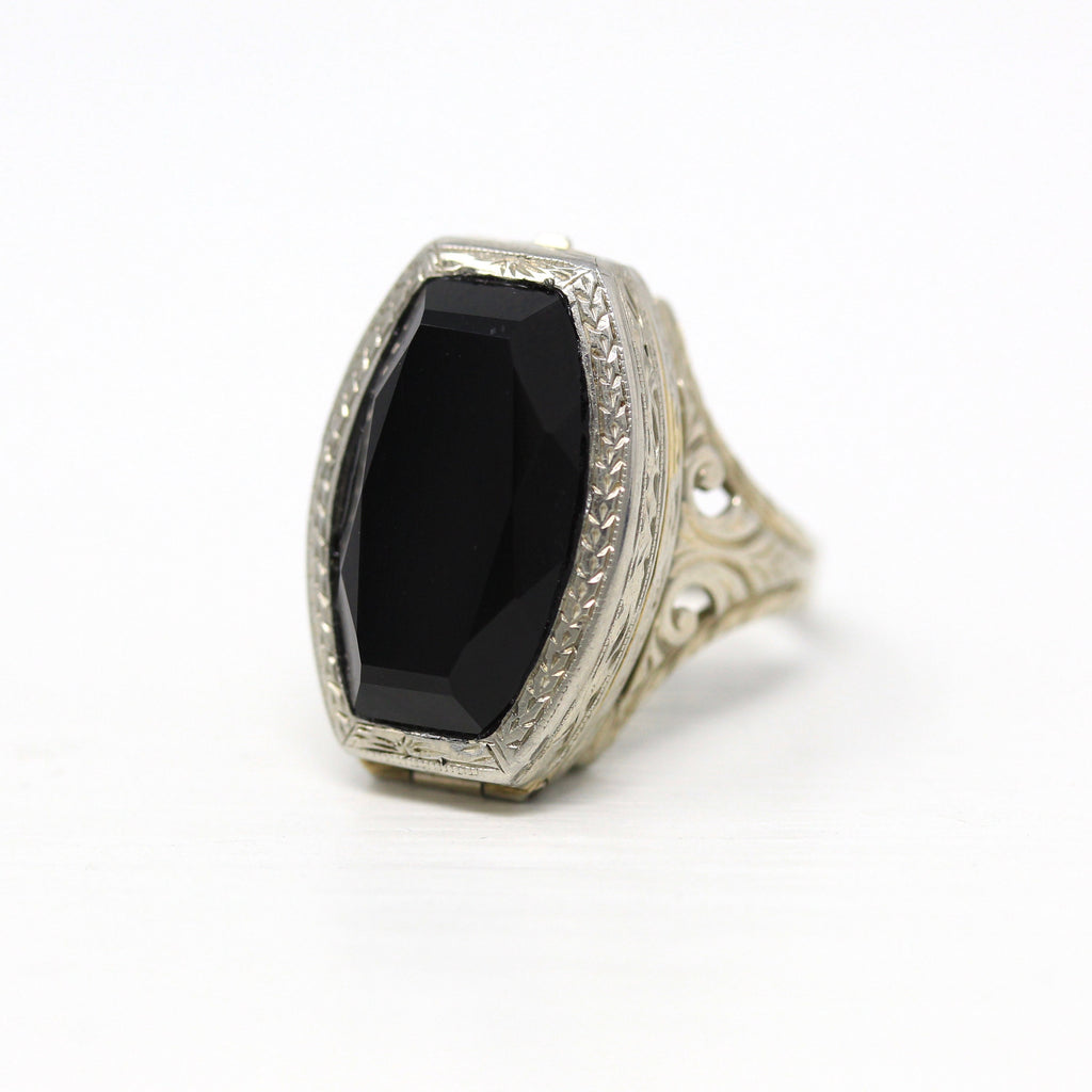Sale - Art Deco Ring - Vintage 14k White Gold Fancy Cut Black Onyx Gemstone - Circa 1930s Size 4 1/2 Watch Conversion Filigree Fine Jewelry