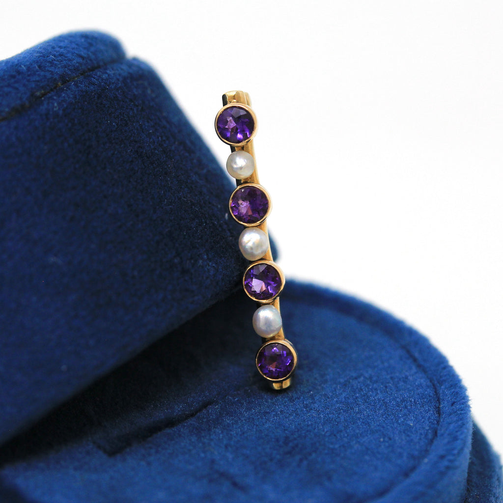 Sale - Genuine Amethyst Brooch - Edwardian 14k Yellow Gold Round Faceted Purple .60 CTW Gems Pin - Circa 1910s Cultured Pearls Fine Jewelry