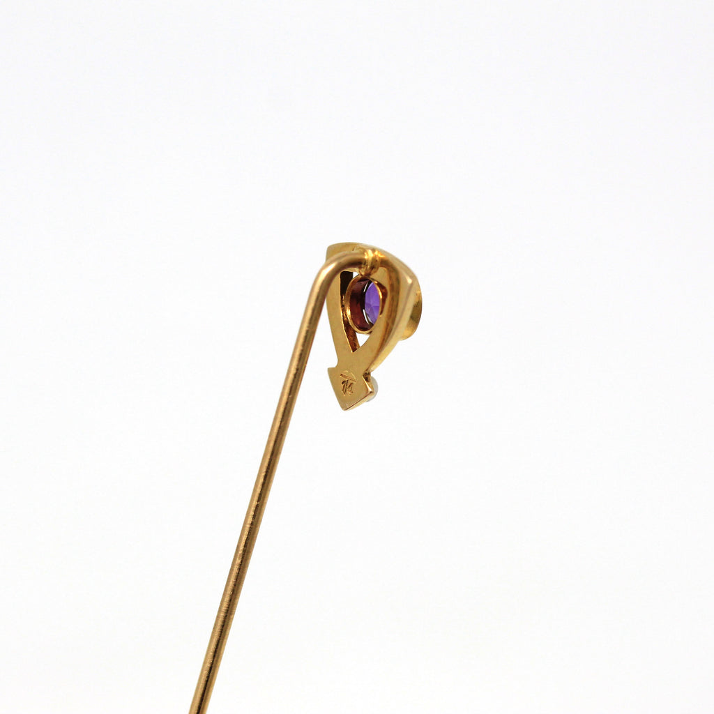 Sale - Antique Stick Pin - Art Nouveau 14k Yellow Gold Genuine Amethyst Gem Seed Pearl - Edwardian Circa 1910s Era Purple Accessory Jewelry