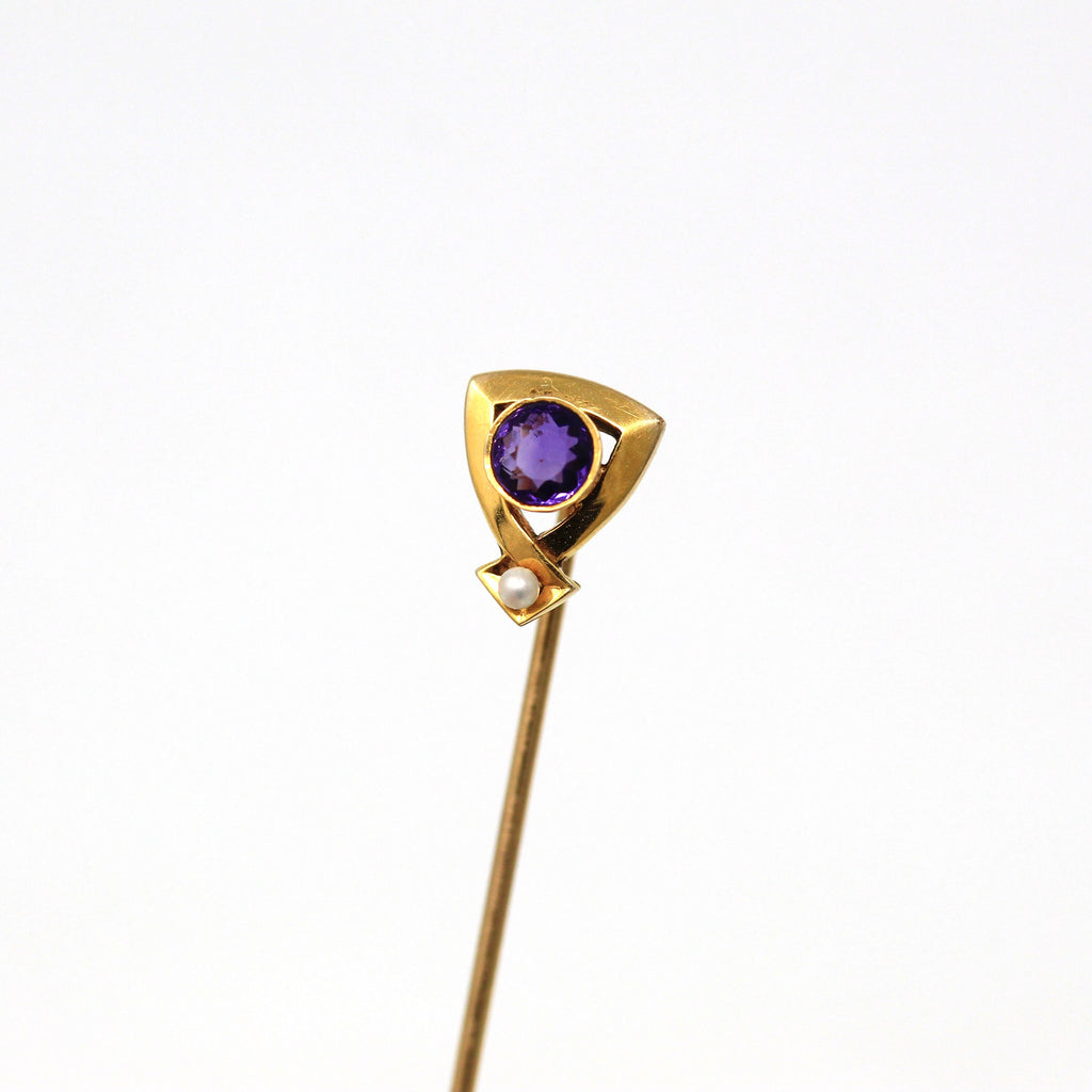 Sale - Antique Stick Pin - Art Nouveau 14k Yellow Gold Genuine Amethyst Gem Seed Pearl - Edwardian Circa 1910s Era Purple Accessory Jewelry