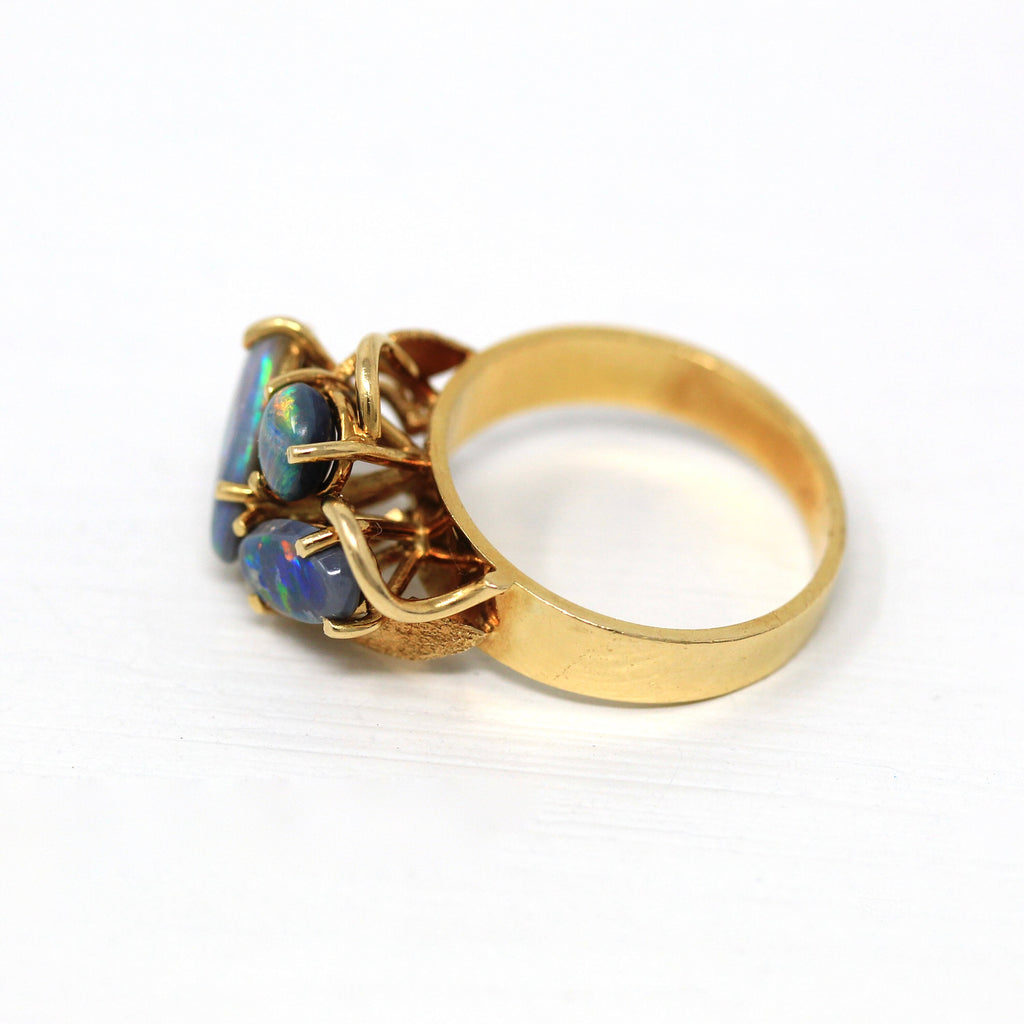 Opal Cluster Ring - Retro 18ct Yellow Gold Three Cabochon Genuine Gemstones - Vintage Circa 1970s Era Size 6 1/4 October Birthstone Jewelry
