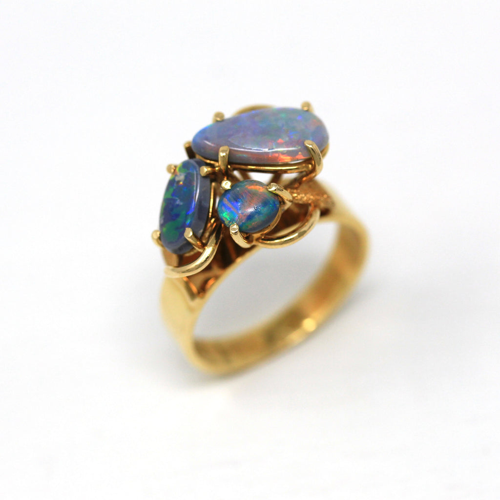Opal Cluster Ring - Retro 18ct Yellow Gold Three Cabochon Genuine Gemstones - Vintage Circa 1970s Era Size 6 1/4 October Birthstone Jewelry