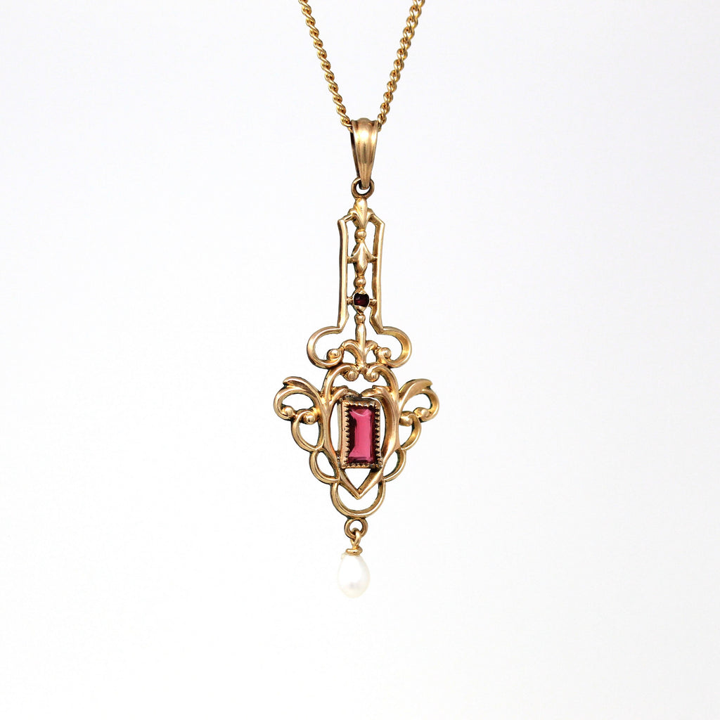 Antique Lavalier Necklace - Edwardian Era Gold Filled Simulated Ruby & Pearl Pendant - Vintage Circa 1910s Statement Red Glass Jewelry