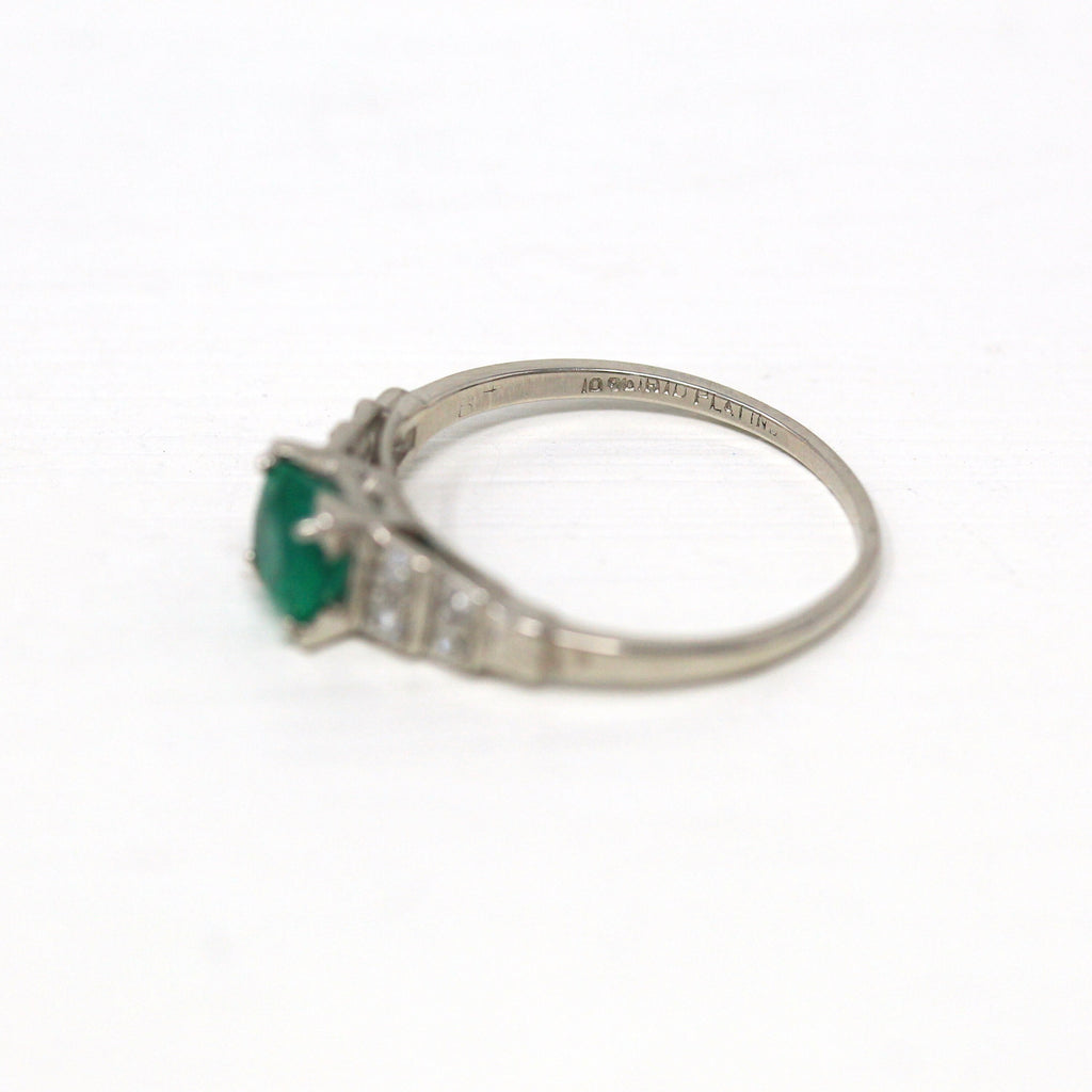 Vintage Emerald Ring - Art Deco Era Platinum Diamond Engagement - Circa 1930s Size 6 3/4 Green .82 CT Gemstone Fine Jewelry w/ Report