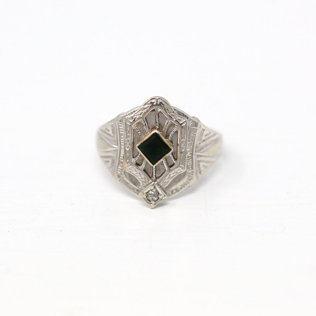 Art Deco Ring - Vintage 10k White Gold Genuine Diamond & Green Glass Signet Statement - Size 2 3/4 Circa 1930s Belais Fine 30s Jewelry