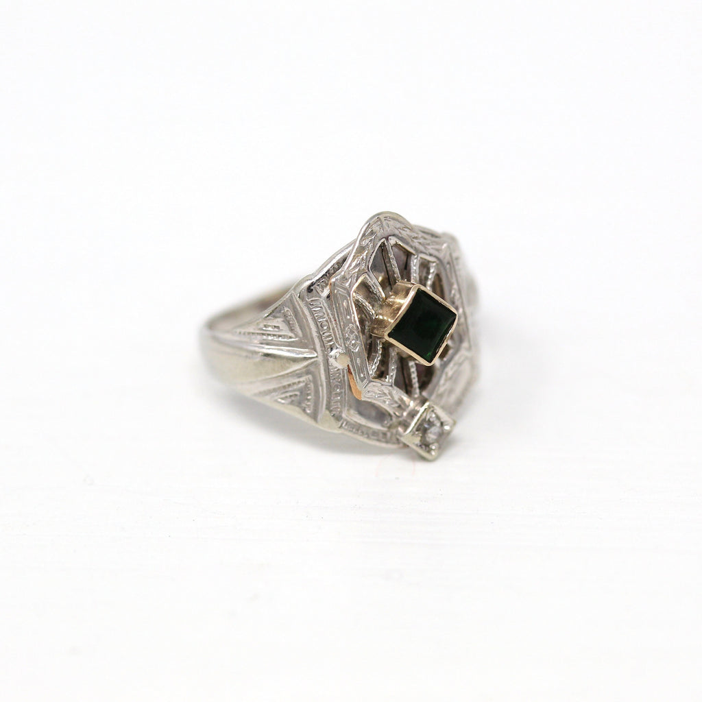 Art Deco Ring - Vintage 10k White Gold Genuine Diamond & Green Glass Signet Statement - Size 2 3/4 Circa 1930s Belais Fine 30s Jewelry
