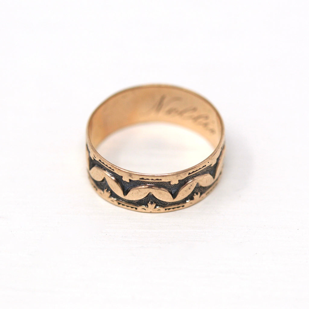 Antique Cigar Band - Vintage Victorian 10k Rosy Yellow Gold Ring - Dated 1891 Engraved "Nellie" Wedding Fine Size 4.5 Decorative Jewelry