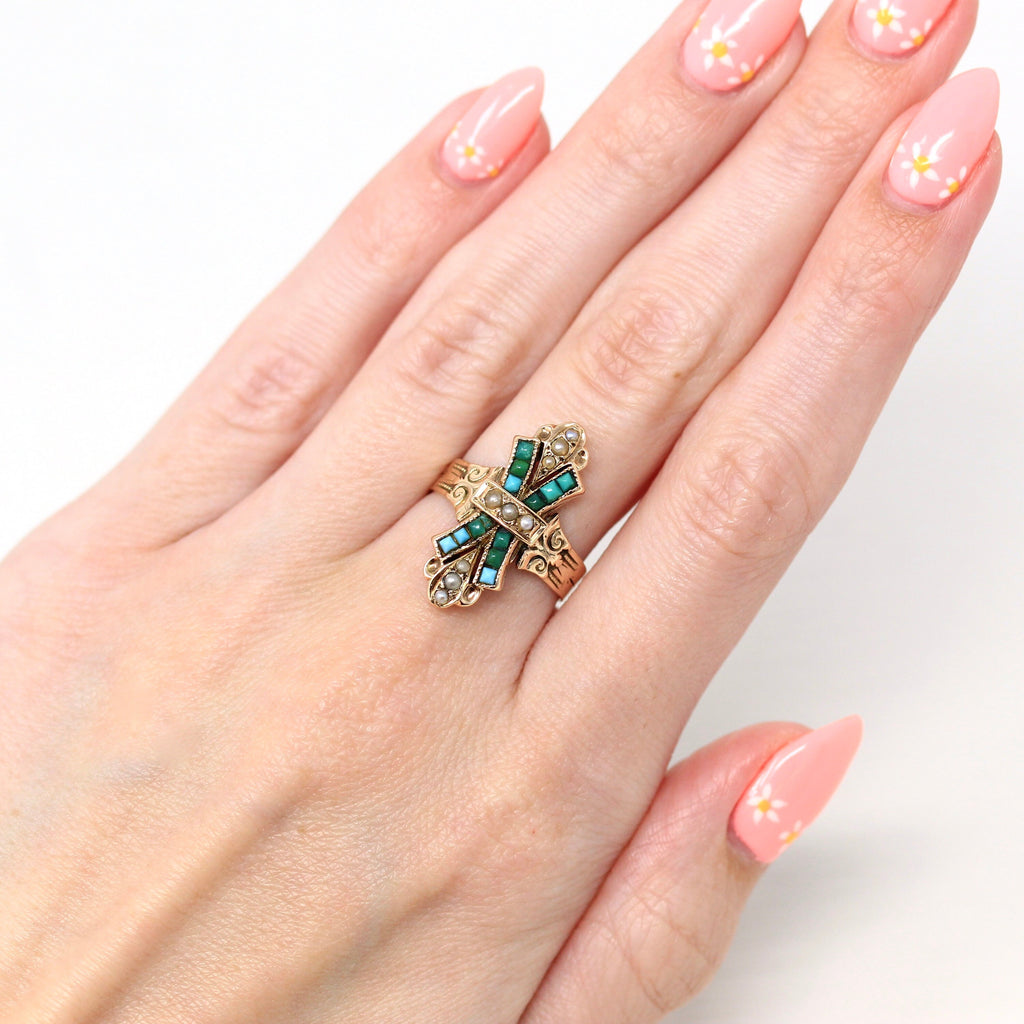 Antique Turquoise Ring - 10k Yellow Gold Victorian Era Green & Blue Genuine Gems Statement - Size 6 1/2 Circa 1890s Seed Pearl Fine Jewelry