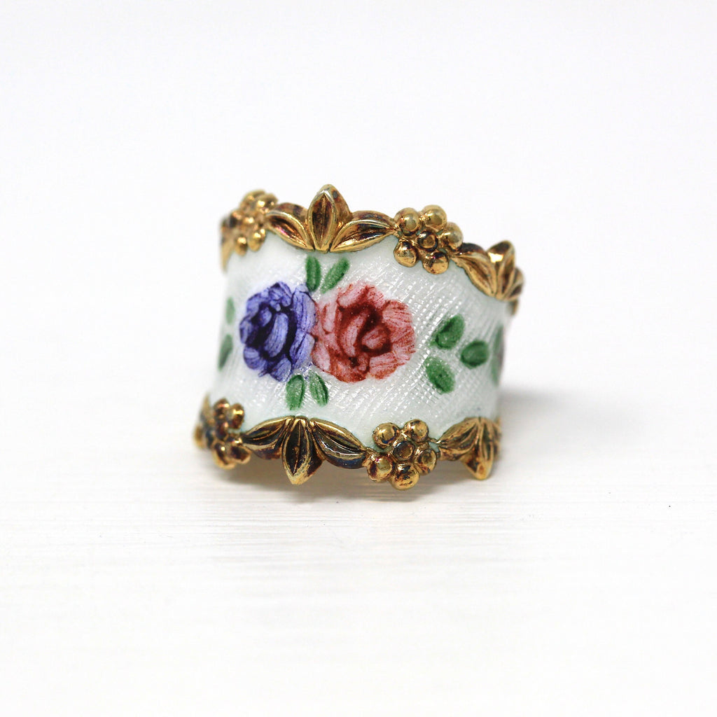 Vintage Flower Band - Retro Gold Washed Sterling Silver Guilloché White Enamel Wide Cigar Ring - Circa 1960s Size 4.5 Vargas Floral Jewelry