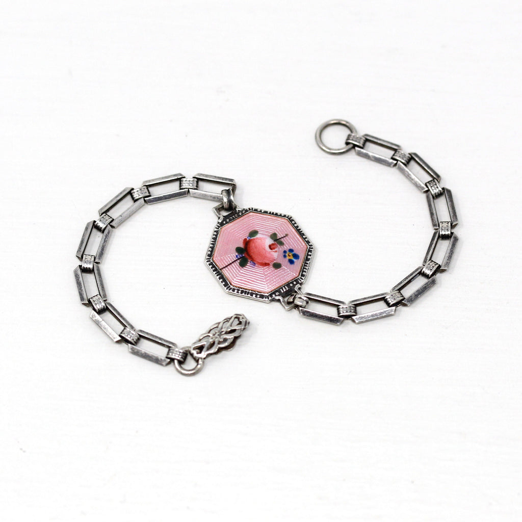 Art Deco Bracelet - Vintage Sterling Silver Guilloche Pink Enamel Rose Flower - Circa 1930s Era Octagon Panel Statement Floral 30s Jewelry
