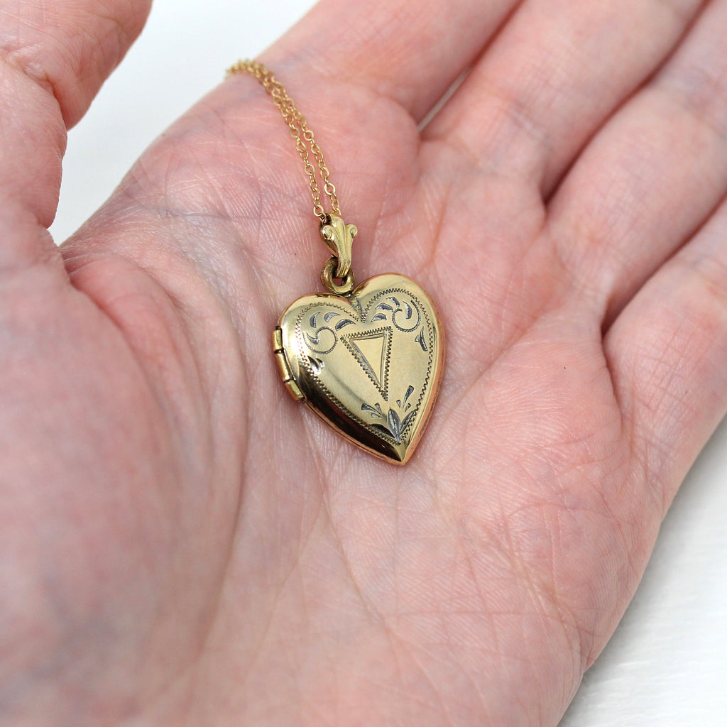 Vintage Heart Locket - Retro 10k Yellow Gold Filled Triangle Design Pendant Necklace - Circa 1940s Era Accessory Keepsake 40s Jewelry