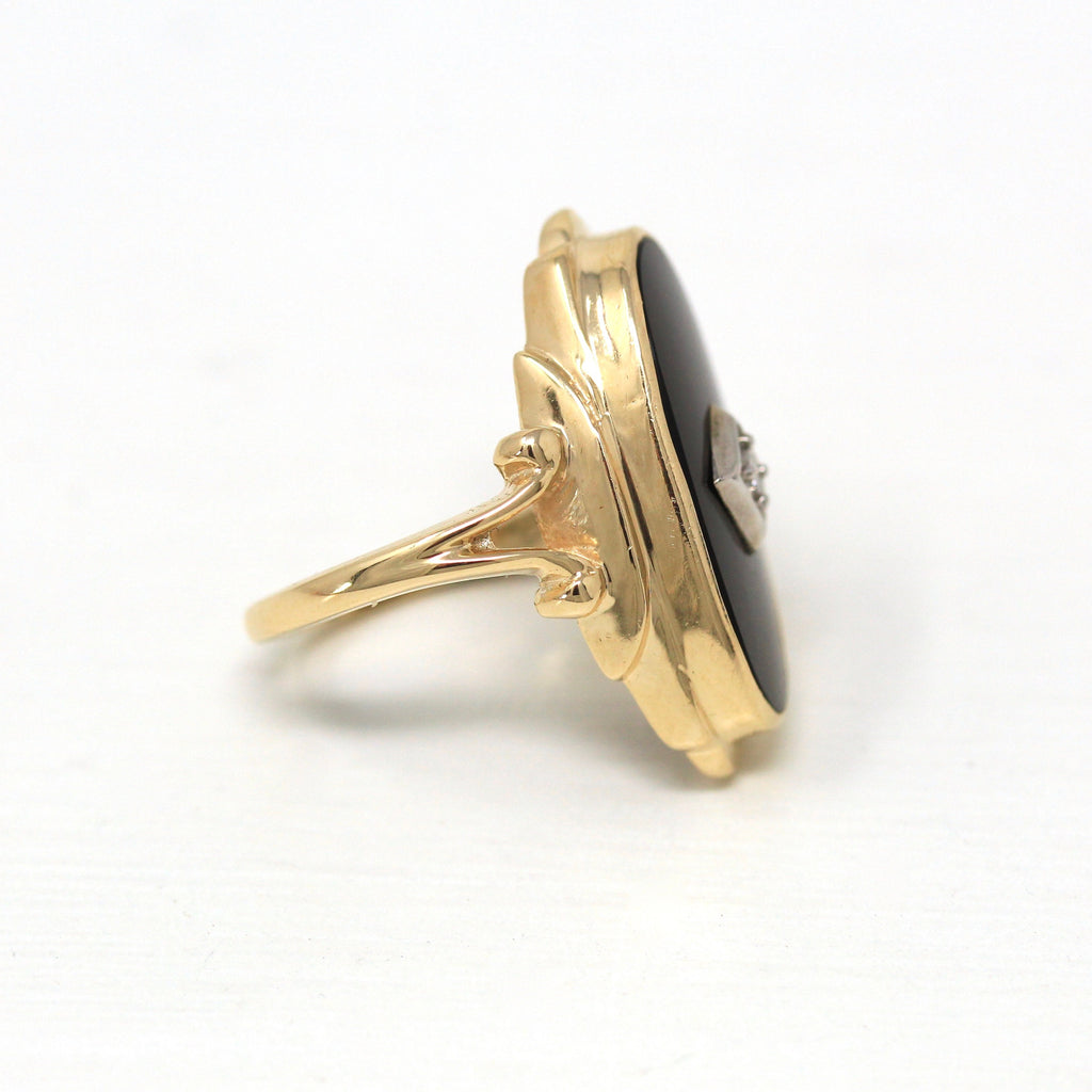 Genuine Onyx Ring - Retro 14k Yellow Gold Oval Black Gemstone .03 CT Diamond Gemstone - Vintage 1940s Era Size 4 Statement Fine 40s Jewelry