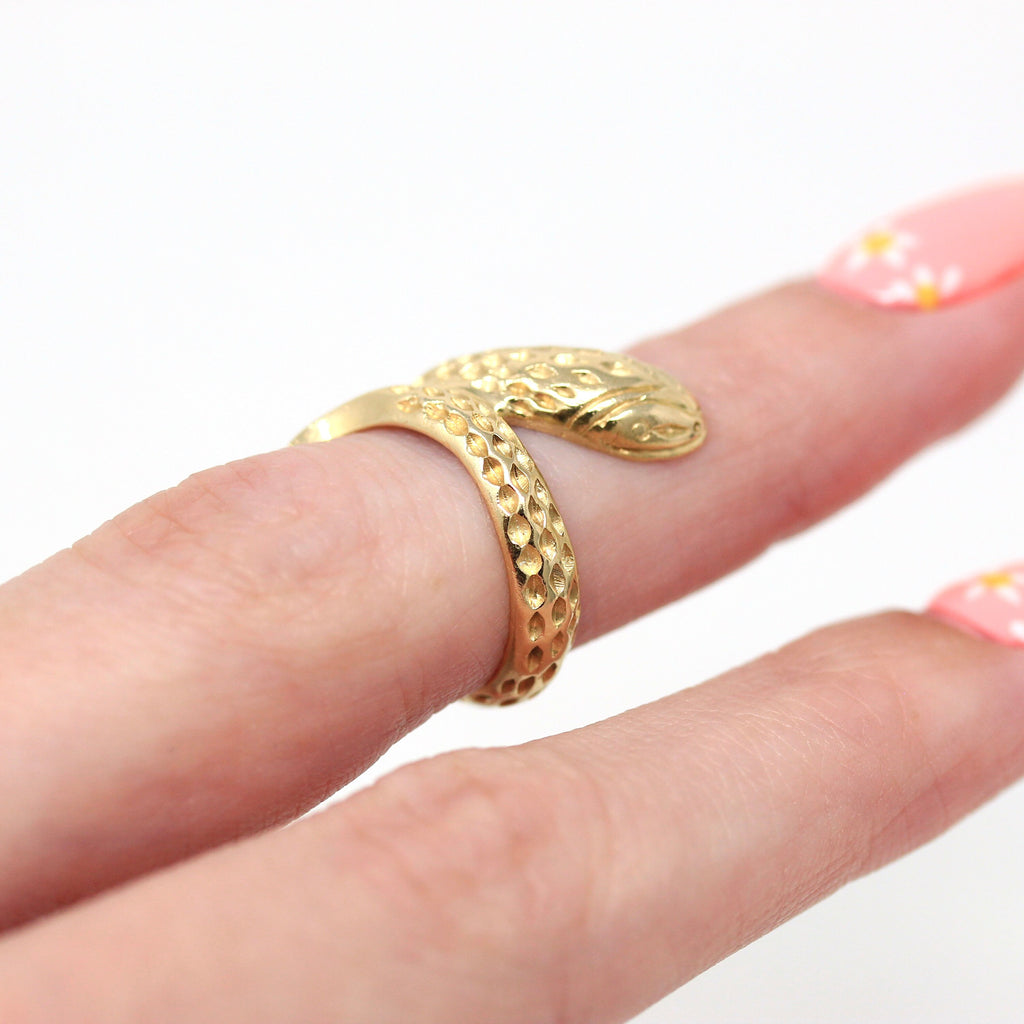 Snake Bypass Ring - Modern Estate 14k Yellow Gold Coiled Serpent Statement - Circa 2000's Era Size 4 Victorian Style Figural Fine Jewelry