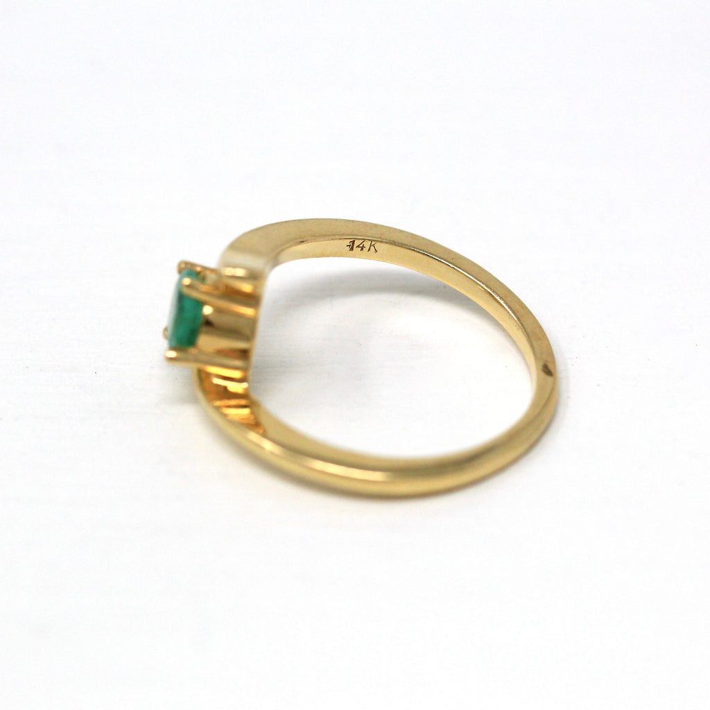 Genuine Emerald Ring - Estate 14k Yellow Gold Round Cut Green .39 CT Gemstone Bypass Style - Vintage Circa 1990s Era Size 5 3/4 Fine Jewelry