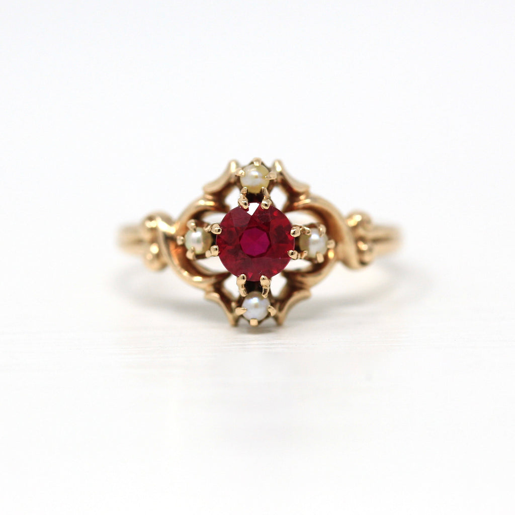 Edwardian Era Ring - Antique 10k Yellow Gold Created Ruby & Seed Pearl Statement - Circa 1900s Era Size 7 1/4 July Birthstone Fine Jewelry