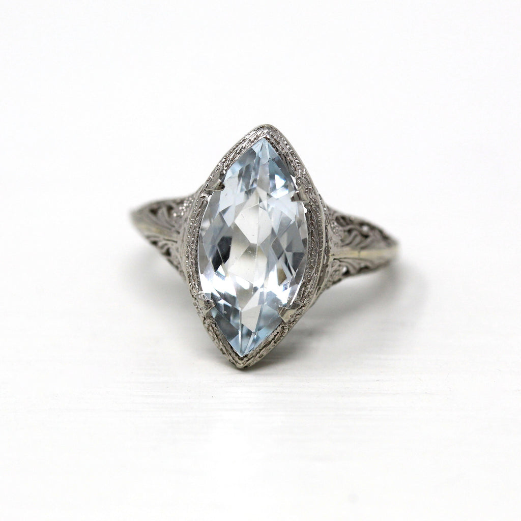 Vintage Aquamarine Ring - Art Deco Era 14k White Gold Genuine 3.3 CT Gem Engagement - Circa 1920s Vintage Size 6 Blue Gemstone Fine Jewelry