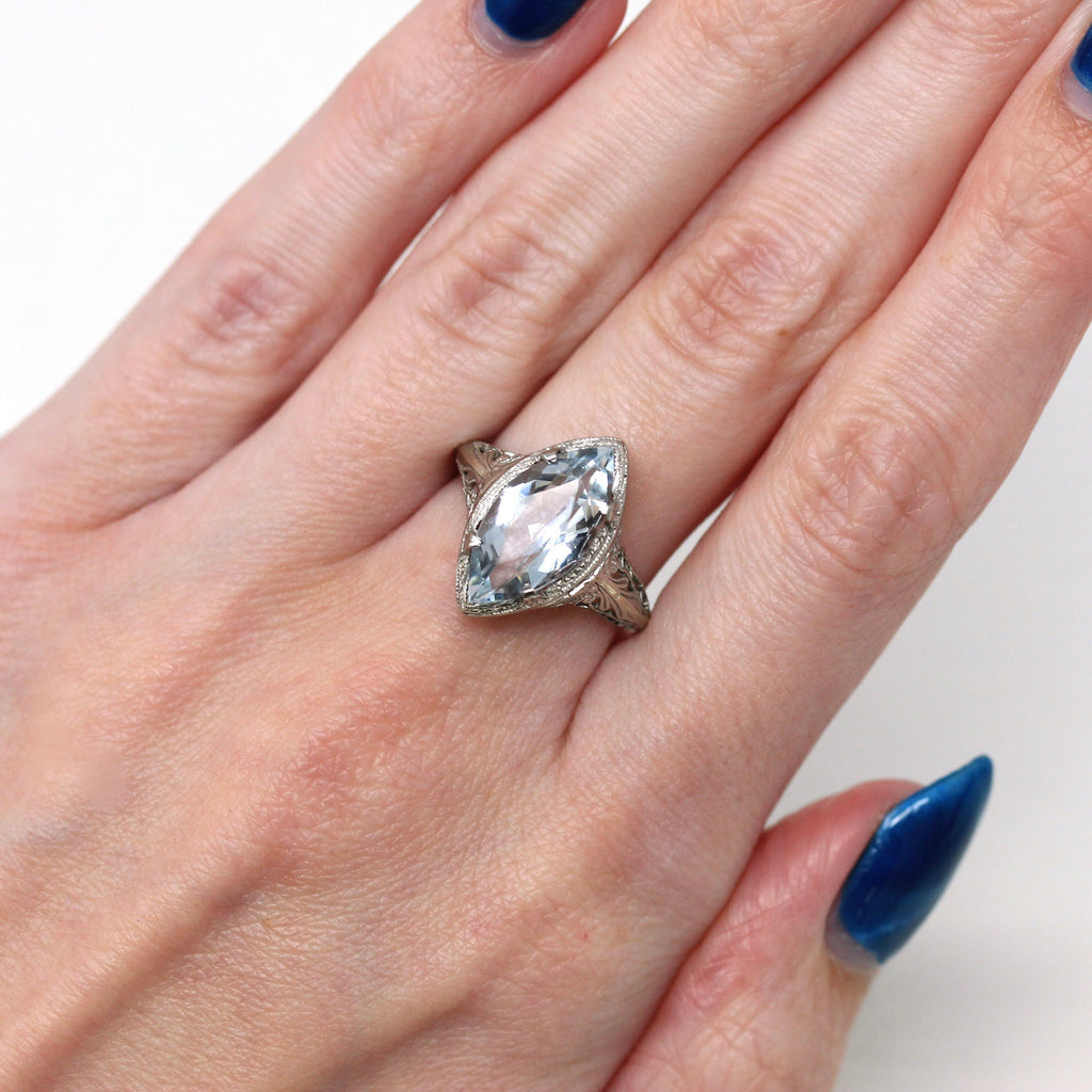 Vintage Aquamarine Ring - Art Deco Era 14k White Gold Genuine 3.3 CT Gem Engagement - Circa 1920s Vintage Size 6 Blue Gemstone Fine Jewelry