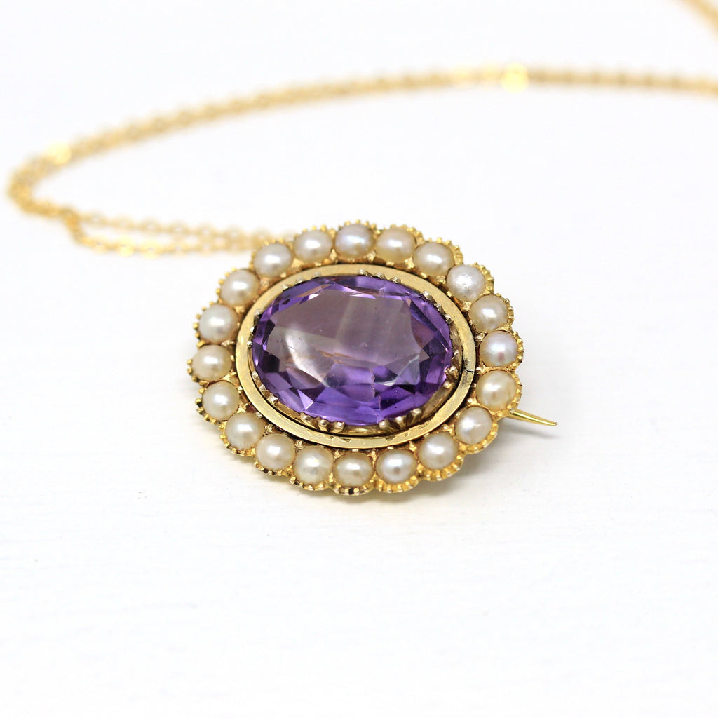 Amethyst Brooch Necklace - Victorian 14k Yellow Gold Faceted 6.41 CT Cultured Pearls Pendant - Antique Circa 1850s Fashion Accessory Jewelry