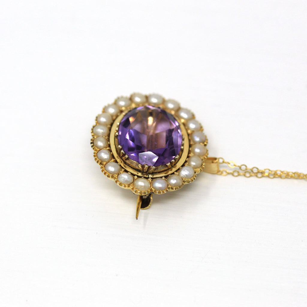 Amethyst Brooch Necklace - Victorian 14k Yellow Gold Faceted 6.41 CT Cultured Pearls Pendant - Antique Circa 1850s Fashion Accessory Jewelry