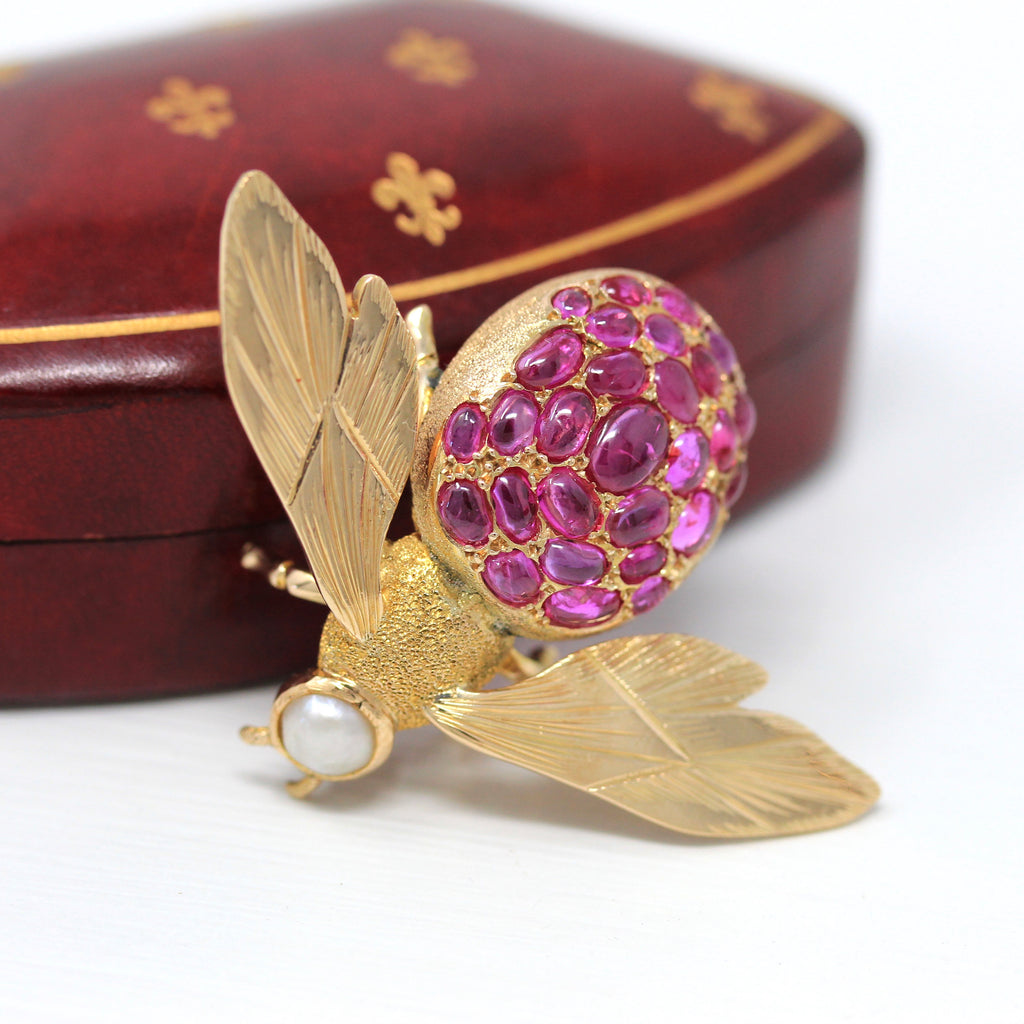 Sale - Vintage Bee Brooch - Retro 14k Yellow Gold Flying Insect Cultured Pearl Pin - Circa 1970s Era Genuine Cabochon Cut Rubies Jewelry