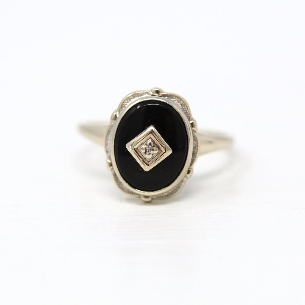 Vintage Onyx Ring - Mid Century Era 10k White Gold Genuine Diamond & Gem Statement - Circa 1950s Size 5.75 Oval Black Gemstone Fine Jewelry