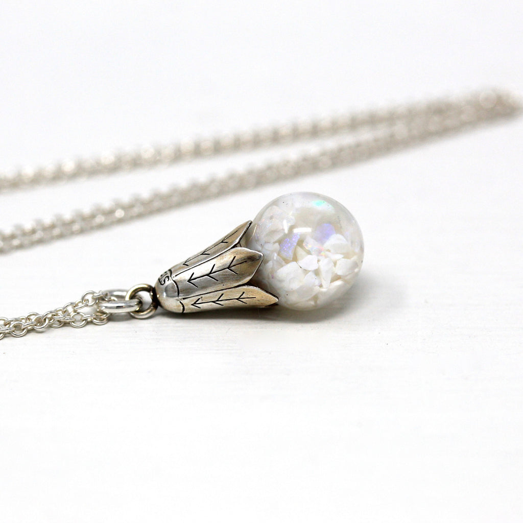 Floating Opal Necklace - Retro Sterling Silver Tulip Cap Genuine Gems Chips Sphere Orb - Vintage 1940s Era Liquid Teardrop Pendant Jewelry