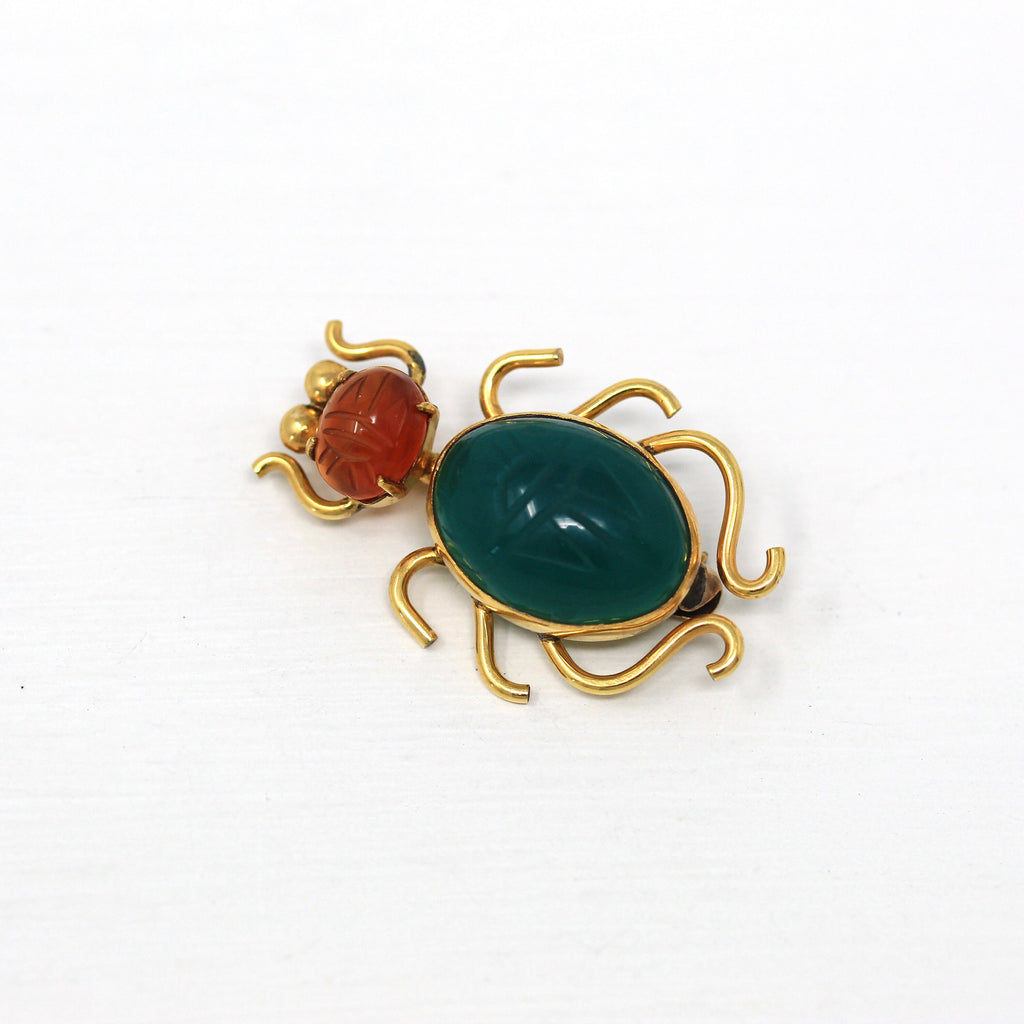 Vintage Bug Brooch - Retro 12k Gold Filled Genuine Carnelian Dyed Green Chalcedony Scarab Pin - Circa 1960s Era Beetle Insect WRE Jewelry