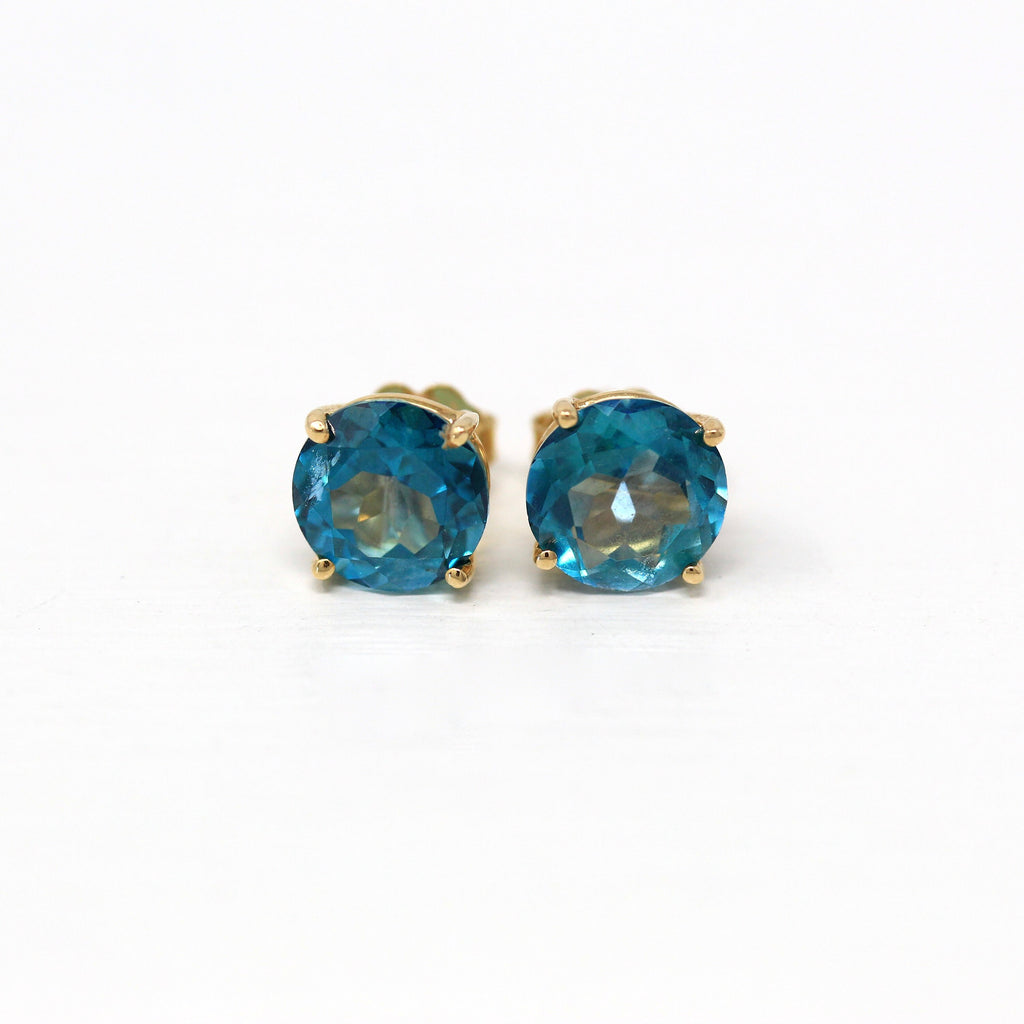 Blue Topaz Earrings - Estate 14k Yellow Gold Genuine 3.70 CT Gemstones Studs - Modern Circa 2000s Era Pierced Push Back Fine Gems Jewelry