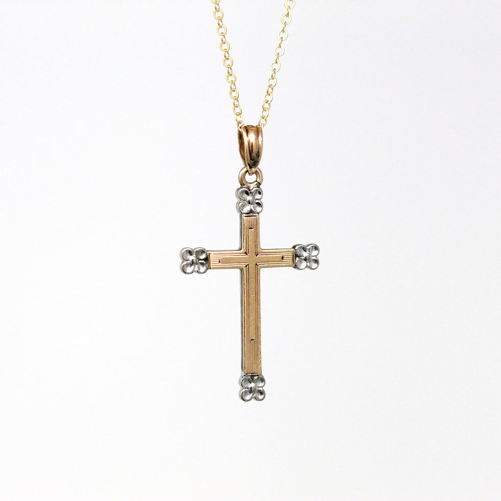 Vintage Cross Necklace - Retro 10k Yellow & White Gold Flower Motifs Crucifix Pendant - Circa 1940s Era Religious Faith Fine 40s Jewelry