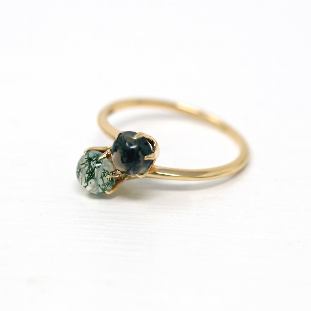 Moss Agate Ring - Antique Edwardian 10k Yellow Gold Genuine Green Cabochon Gems - Vintage Circa 1910s Size 5 1/2 Toi Et Moi Fine Jewelry