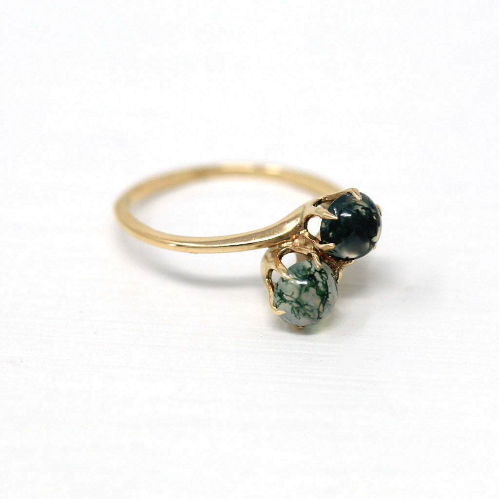 Moss Agate Ring - Antique Edwardian 10k Yellow Gold Genuine Green Cabochon Gems - Vintage Circa 1910s Size 5 1/2 Toi Et Moi Fine Jewelry